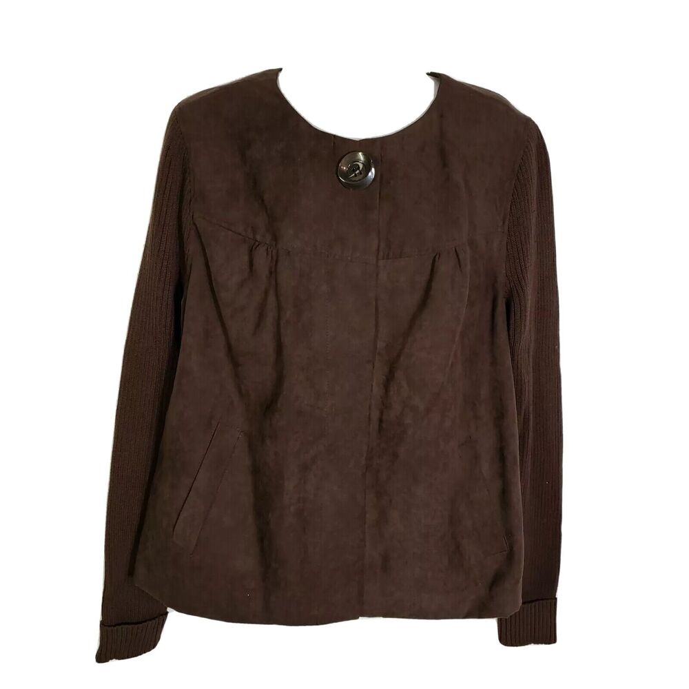 Studio Works Womens Size 12 Faux Suede Jacket Brown Ribbed Knit Sleeves Lined